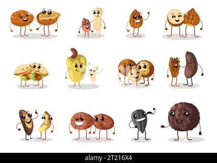 Mascotte NUTS. Morceaux d'amande de noix de cajou de dessin animé, personnages mignons de noix de casse-croûte sains, concept de nutrition alimentaire biologique. Jeu de vecteurs Illustration de Vecteur