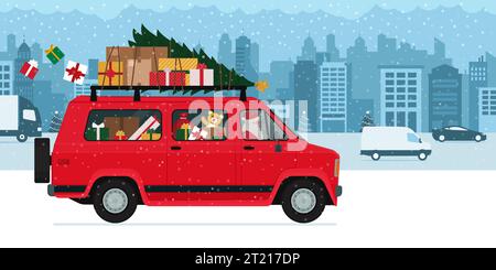 Père Noël conduisant un van dans les rues de la ville et transportant des cadeaux de Noël Illustration de Vecteur