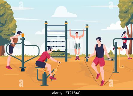 Groupe d'entraînement en plein air. Les gens courent et s'étirent, les athlètes de fitness faisant des exercices dans le parc, scène de gym de bande dessinée avec des haltères Illustration de Vecteur