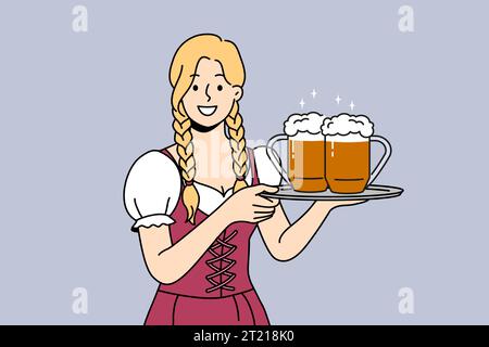 Femme serveur avec de la bière sur le plateau sourit, invitant à visiter le festival d'automne bavarois pour essayer des boissons alcoolisées. Deux tasses avec bière mousseuse ou bière du bar dans les mains de fille servant les invités à la fête de vacances Illustration de Vecteur