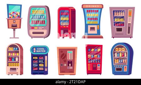 Distributeur automatique. Machine de vente de snack et de boissons froides de dessin animé, équipement de vente de bonbons sucrés et de boissons froides, concept alimentaire pratique. Vecteur Illustration de Vecteur