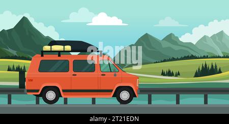 Voyage van et montagne arrière-plan : concept de voyage et de vie de van Illustration de Vecteur