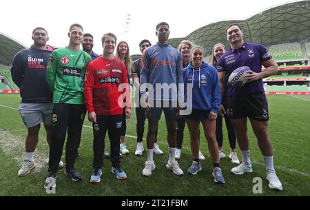 Marcus Rashford de Manchester United est accueilli par des stars sportives de Melbourne Storm, Melbourne Rebels, Melbourne Demons, Melbourne Vixens, Melbourne Stars, Melbourne United, North Melbourne, Melbourne Renegades à la journée de presse d'avant match avant la victoire Manchester United contre Melbourne au MCG Stadium le 15 juillet 2022. - Conférence de presse avant match de Manchester United, Manchester United v Melbourne Victory, AAMI Stadium, Melbourne. - 14 juillet 2022 usage éditorial uniquement Banque D'Images