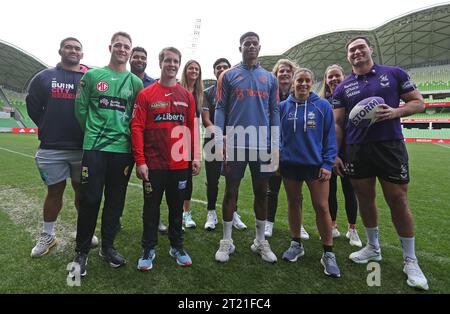 Marcus Rashford de Manchester United est accueilli par des stars sportives de Melbourne Storm, Melbourne Rebels, Melbourne Demons, Melbourne Vixens, Melbourne Stars, Melbourne United, North Melbourne, Melbourne Renegades à la journée de presse d'avant match avant la victoire Manchester United contre Melbourne au MCG Stadium le 15 juillet 2022. - Conférence de presse avant match de Manchester United, Manchester United v Melbourne Victory, AAMI Stadium, Melbourne. - 14 juillet 2022 usage éditorial uniquement Banque D'Images