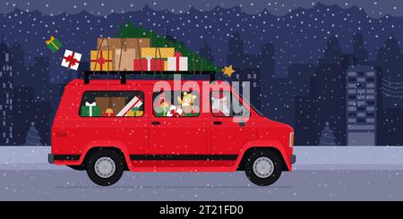 Père Noël conduisant un van dans les rues de la ville et transportant des cadeaux de Noël Illustration de Vecteur