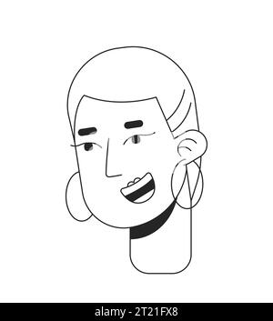 Femme audacieuse portant des boucles d'oreilles de Hoops tête de personnage de dessin animé en ligne 2D noir et blanc Illustration de Vecteur