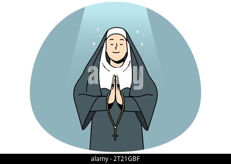 Calme nonne dans les vêtements traditionnels en prière. Soeur de l'Église avec le rosaire parler à Dieu. Concept de religion et de foi. Illustration vectorielle. Illustration de Vecteur