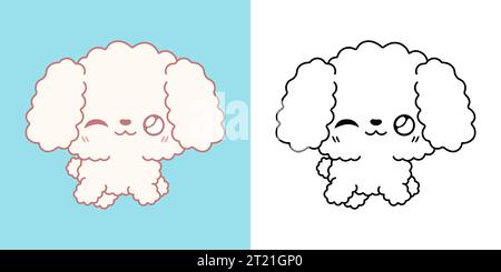 Clipart IsolatedPoodle Dog multicolore et Noir et blanc. Mignon Cartoon PET. Illustration de Vecteur