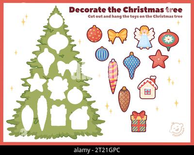 Arbre de Noël jeu d'enfants. Puzzle enfantin. Énigme éducative. Trouver le bon objet par silhouette. Casse-tête. Conception de feuille de calcul. Sapin de Noël Illustration de Vecteur