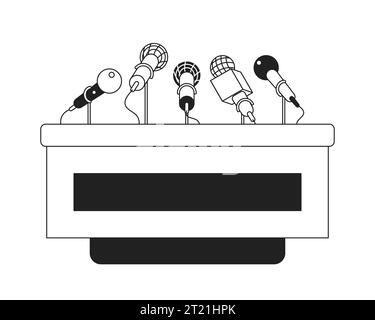 Microphone de podium de conférence de presse objet de dessin animé 2D noir et blanc Illustration de Vecteur