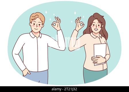 Souriant les gens montrant le signe ok avec les mains. Un homme et une femme heureux font preuve d'un geste d'approbation, affirme D'accord. Illustration vectorielle. Illustration de Vecteur