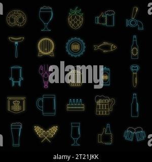 Jeu d'icônes de bière. Illustration de contour de 25 icônes de vecteur de bière couleur néon sur noir Illustration de Vecteur