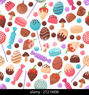 Motif sans couture mignon bonbons. Des bonbons savoureux. Produits sucrés répétés. Caramel aux fruits. Confiseries assorties. Fraise avec glaçage au chocolat. Toffee Illustration de Vecteur
