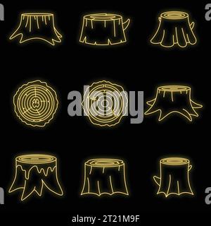 Jeu d'icônes en bois de rondins d'arbres de souches. Illustration de contour de 16 souches d'arbres en bois rondins icônes vectorielles couleur néon sur noir Illustration de Vecteur