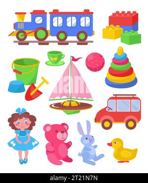 Jouets de dessins animés. Objets enfants mignons pour jouer. Des poupées drôles. Blocs pyramidaux colorés. Animaux en peluche. Éléments d'activité pour tout-petits. Transport d'enfants Illustration de Vecteur