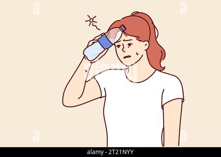 La femme qui obtient un coup de chaleur sur la marche met la bouteille d'eau au front et a besoin de se reposer ou de consulter un médecin. Fille souffrant d'un coup de chaleur dû à un changement soudain de temps ou travaillant à l'extérieur Illustration de Vecteur