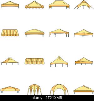 Icônes de porte-à-faux de cabane définies. Illustration du contour de 16 icônes vectorielles en surplomb du hangar de canopée couleur fine sur blanc Illustration de Vecteur