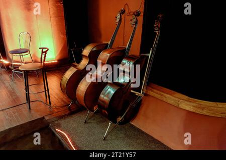 Image de trois instruments à cordes en bois d'un orchestre symphonique de contrebasse Banque D'Images