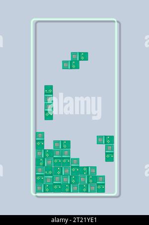 Disposition de couleur fluorescente créative en tetris de console de jeu portable électronique rétro. Couleurs néon à plat. Jeu de briques de tetris de cyberonde minimal. Banque D'Images