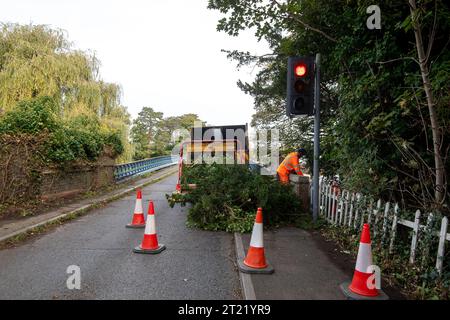 Cookham, Royaume-Uni. 16 octobre 2023. Les entrepreneurs coupent les branches de lierre et d'arbre à côté du pont. Le pont de Cookham sur la Tamise à Cookham, dans le Berkshire, a fermé aujourd'hui pour les 22 prochaines semaines, tandis que l'entretien essentiel du pont historique classé Grade II est effectué. Les piétons et les cyclistes seront toutefois autorisés à traverser le pont, mais pas les véhicules. Le trafic est dévié par Maidenhead à la place. Les entreprises de Cookham et du village voisin de Bourne End craignent que cela signifie une perte de revenus, cependant, ils n'ont pas le droit d'obtenir une compensation. Les bus sont al Banque D'Images