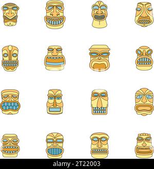 Tiki idole aztec hawaii visage icônes Set. Illustration de contour de 16 idole tiki aztec hawaii visage icônes vectorielles de couleur fine ligne à plat sur blanc Illustration de Vecteur