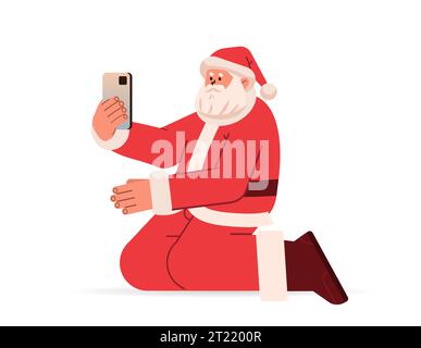 père noël en costume rouge agenouillé sur le sol et en utilisant le téléphone portable joyeux nouvel an joyeux concept de célébration de vacances de noël Illustration de Vecteur