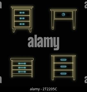 Jeu d'icônes de chevet de table de chevet. Illustration de contour de 4 icônes vectorielles de chevet de table de nuit couleur néon sur noir Illustration de Vecteur