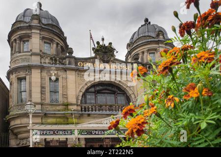 Buxton Opera House dans la ville thermale de Buxton, Derbyshire, Angleterre, avec des soucis français orange au premier plan. Banque D'Images