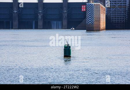 Une nuit Heron se perche sur une canette verte sous Old Hickory Lock sur la rivière Cumberland, Tennessee. Un homme pêche depuis un petit bateau à côté du barrage. Banque D'Images