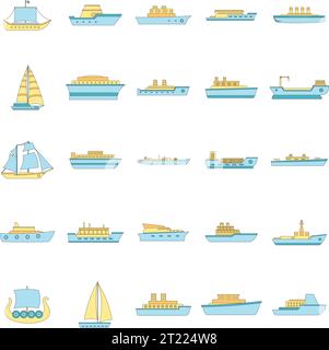 Icônes de types de navires de mer définies. Illustration de 25 icônes vectorielles de type de navire marin de couleur fine ligne plate sur blanc Illustration de Vecteur