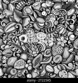 Dessin animé vecteur doodles sur le sujet des fruits exotiques Seamless motif présente une variété d'objets fruités tropicaux et de symboles. Fantaisiste et ludique m Illustration de Vecteur