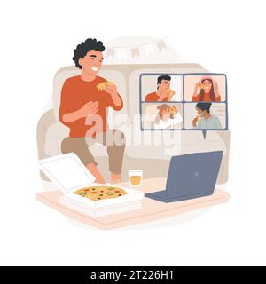 Illustration vectorielle de bande dessinée isolée de partie de pizza. Groupe d'adolescents heureux ayant une fête de pizza virtuelle, amis sur l'écran divisé en carrés, réalité covid, dessin animé vectoriel de chat en direct. Illustration de Vecteur