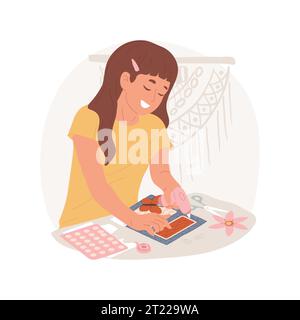 Illustration vectorielle de dessin animé isolé de scrapbooking. Belle fille faisant album de scrapbooking à partir de papier, idée de bricolage de passe-temps, production faite à la main, passe-temps des adolescents, apprentissage de nouvelles compétences dessin animé vectoriel. Illustration de Vecteur