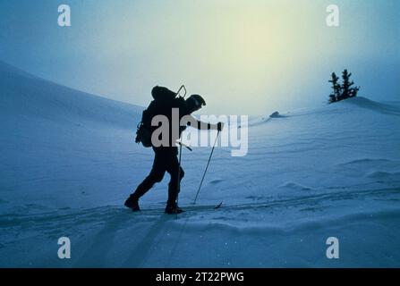 Un skieur de fond glisse sur un terrain enneigé, mettant en valeur l'activité récréative hivernale. Le ski de fond est un sport de plein air populaire qui combine l'exercice physique et l'exploration panoramique. Banque D'Images