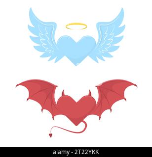 Coeurs d'ange et de diable avec des ailes. Cœur bleu et rouge. Halo doré, ailes de chauve-souris et queue. Elément décoratif Halloween. Symbole de l'enfer et du ciel, dessin animé Illustration de Vecteur