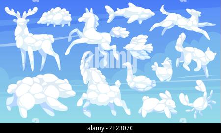 Nuages en forme d'animal. Éléments blancs de ciel moelleux de dessin animé, imagination rêveuse d'enfants, ours volant, cheval, cerf et lapin, crabe abstrait, dauphin et Illustration de Vecteur