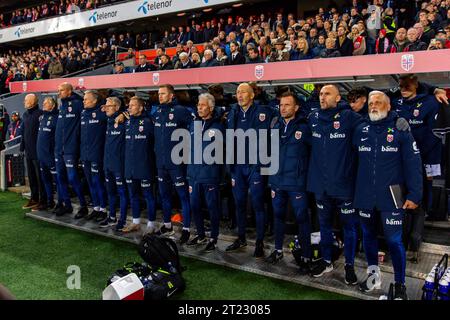 Oslo, Norvège, 15 octobre 2023. Banc norvégien avant le match de qualification Euro 2024 entre la Norvège et l'Espagne au stade Ullevål à Oslo. Crédit : Frode Arnesen/Alamy Live News Banque D'Images