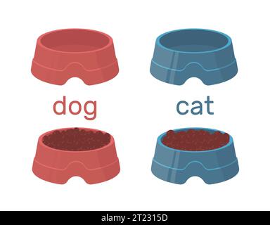 Bols personnalisés avec et sans nourriture pour chien et chat. Récipients avec repas sec pour animaux de compagnie, canine ou félin plein aliment et plat vide. Dessin animé plat Illustration de Vecteur