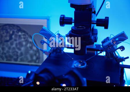 Installation de laboratoire utilisée pendant la procédure d'injection intracytoplasmique de spermatozoïdes Banque D'Images