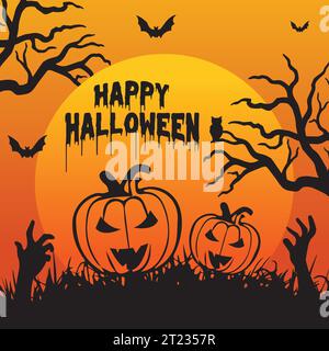 Joyeux Halloween Spooky Party avec des chauves-souris et des arbres effrayants Moonlight poster web Halloween Background Flyer Design Illustration de Vecteur