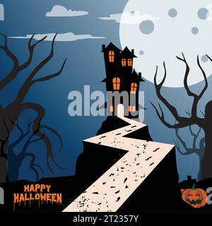 Fête d'Halloween, citrouilles d'horreur, maison hantée, patch de citrouille la nuit par la conception de flyer de fond de lumière de pleine lune Illustration de Vecteur