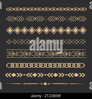 Définir tribal doré des diviseurs de flèche ethnique, boho indien indigène arc dans le style doodle isolé sur fond sombre. Bordures de collection, éléments de décoration. Illustration vectorielle Illustration de Vecteur
