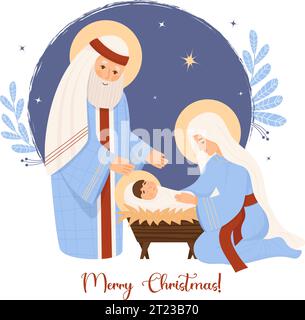 Joyeux Noël carte postale. Sainte famille. Vierge Marie, Saint Joseph et bébé Jésus dans la crèche. Naissance du Sauveur Christ. Nuit Sainte. Illustration vectorielle dans Illustration de Vecteur