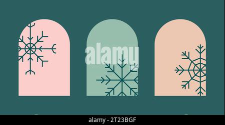 Joyeux Noël, bonne année ensemble de cartes de voeux, affiches, bannière de vacances. Modèles de fête de Noël simples avec flocon de neige de ligne. Illustration de Vecteur