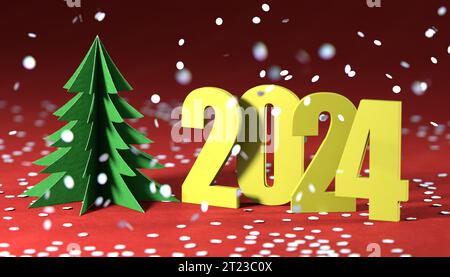 Figures 2024 et arbre de Noël sur fond rouge pour la décoration de noël avec ombre. Rendu 3D. Banque D'Images