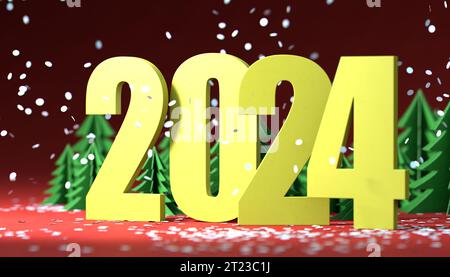 Figures 2024 et arbre de Noël sur fond rouge pour la décoration de noël avec ombre. Rendu 3D. Banque D'Images