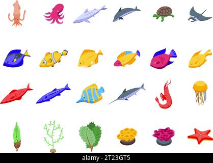 Les icônes des fonds marins définissent le vecteur isométrique. Poissons sauvages de mer. Coquillages marins Illustration de Vecteur