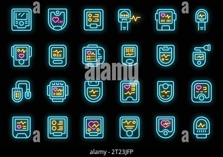 Les icônes de l'oxymètre de pouls définissent le vecteur de contour. Moniteur de santé. Couleur néon du capteur sur noir Illustration de Vecteur