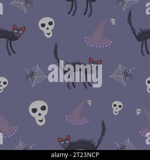 Motif sans couture effrayant et mignon Halloween, illustration vectorielle avec fond bleu Illustration de Vecteur