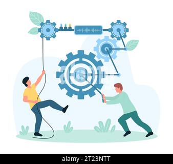 Changer, améliorer le travail de l'illustration vectorielle de projet d'entreprise numérique. Les personnes minuscules de dessin animé tournent des roues dentées et déplacent des engrenages, tournant des roues pour un meilleur fonctionnement de la machine, coopération de travail d'équipe réussie Illustration de Vecteur